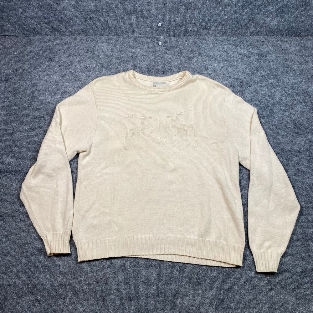 Lord Jeff Vintage Cream Cotton Reindeer Knit Sweater Mens XL Made in USA Ivory